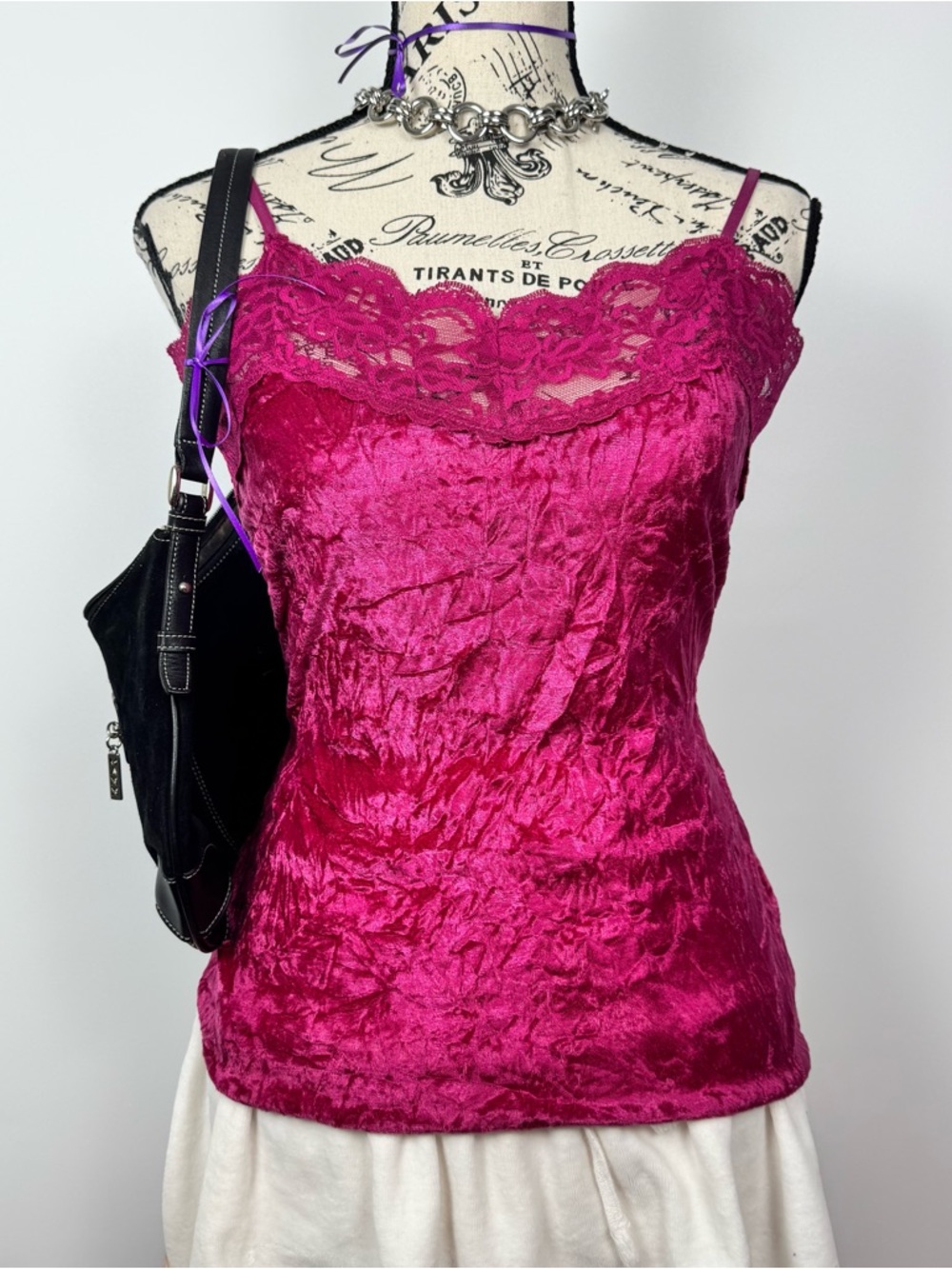 One Step Ahead Fuchsia Lace-Trim Crushed Velvet Camisole